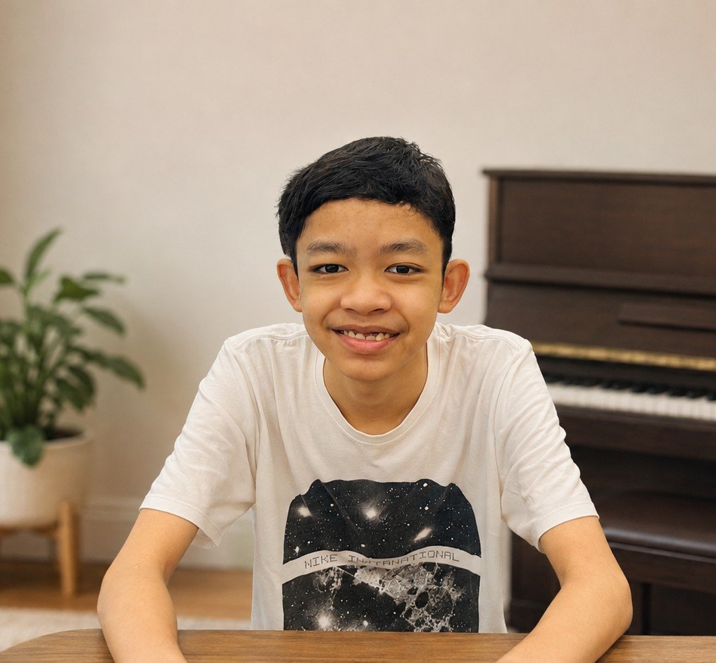 Raees, an autistic pianist, sitting at a piano at home in a white Nike International t-shirt